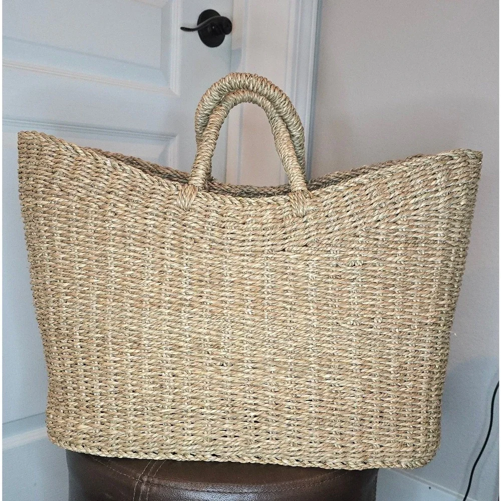 Women's Natural Tan Woven Straw Tote Bag Beach Shopper Boho Basket Purse Large